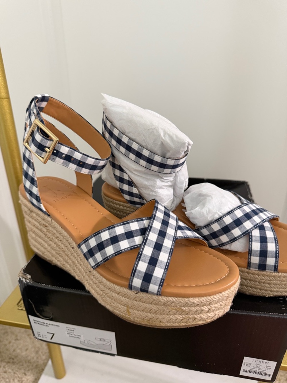J. Crew Women’s Navy Gingham Espadrille Wedge Sandals